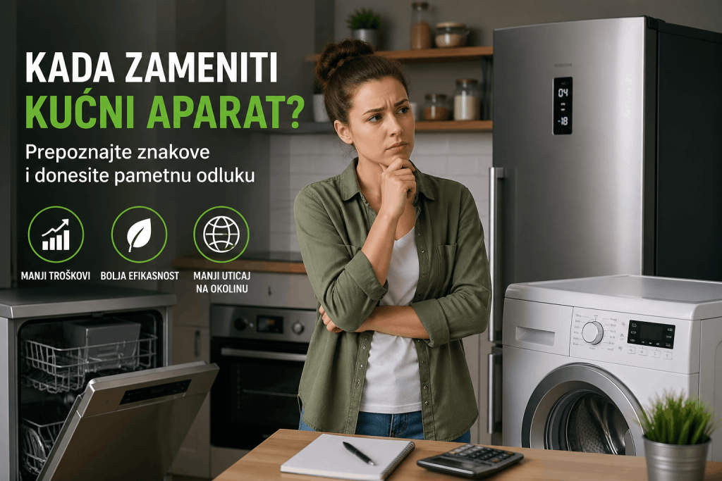 žena stoji ispred bele tehnike, kada zameniti kućni aparat